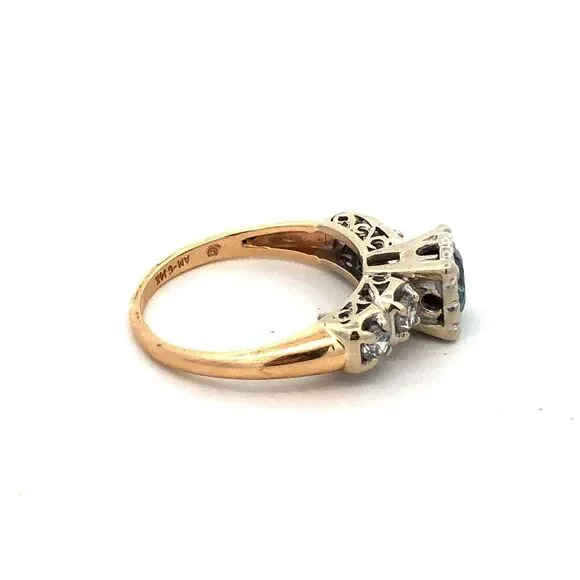 Vintage AM-G 14K Yellow White Gold Blue Diamond White Accented Engagement Ring